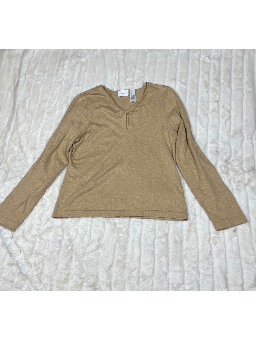 Liz Claiborne L Tan Knit Keyhole Office Workwear Preppy Top Light Fall Sweater